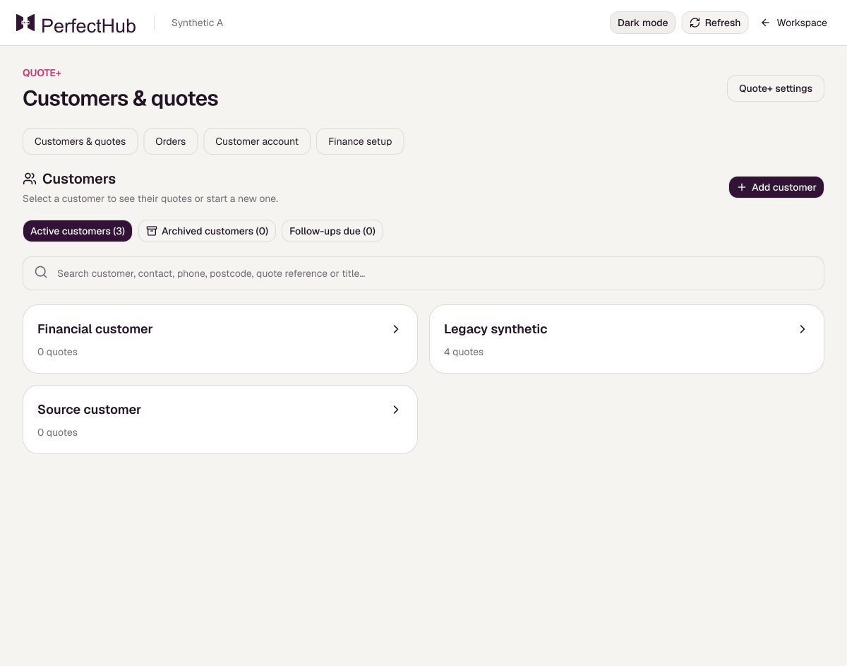 Illustrative PerfectHub screen: Add, edit or archive a customer
