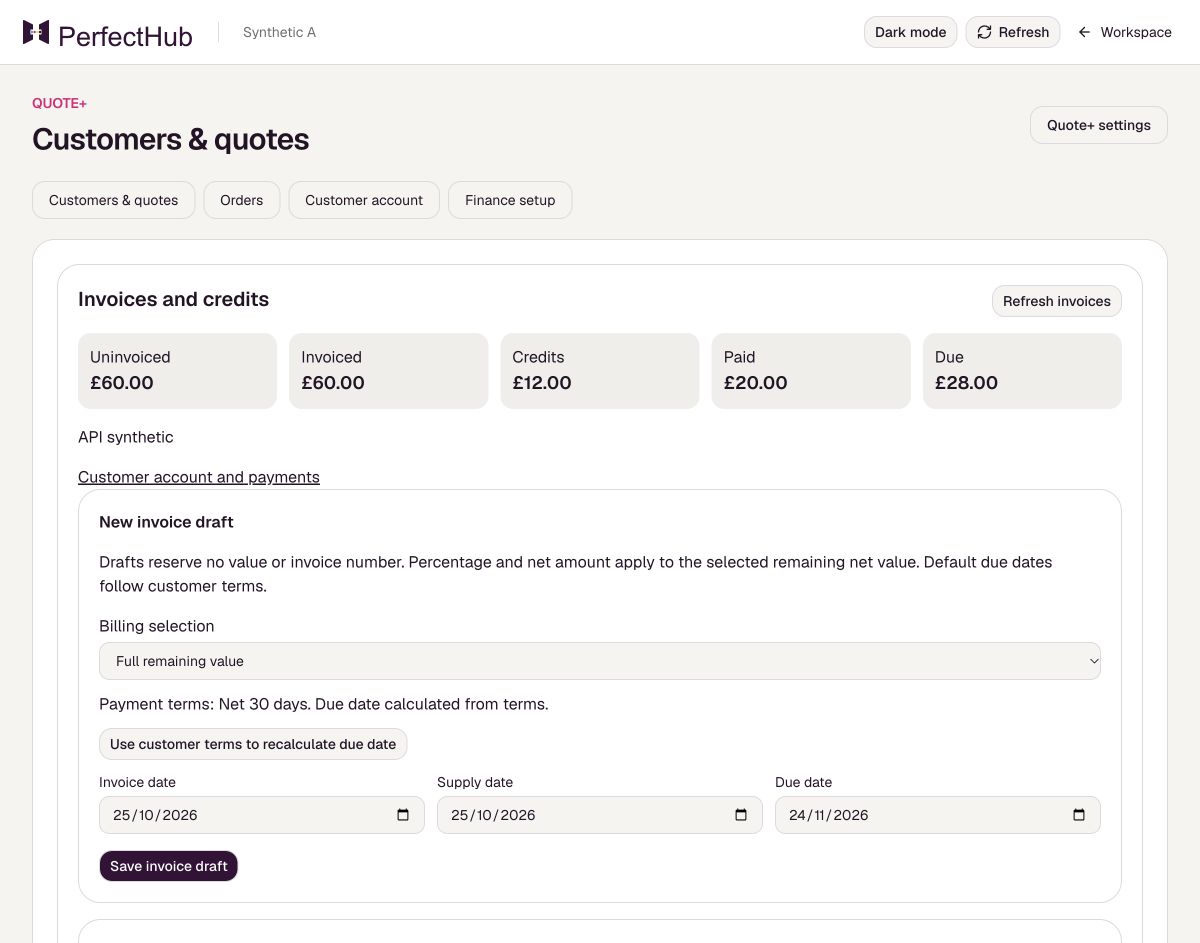 Illustrative PerfectHub screen: Create full, part or deposit invoice drafts