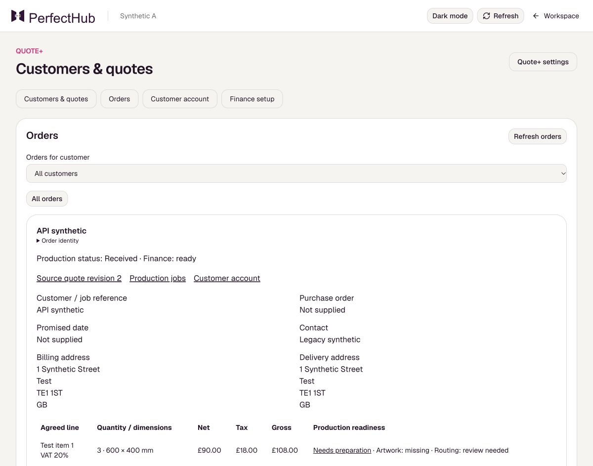 Illustrative PerfectHub screen: Revise, accept and order a quote