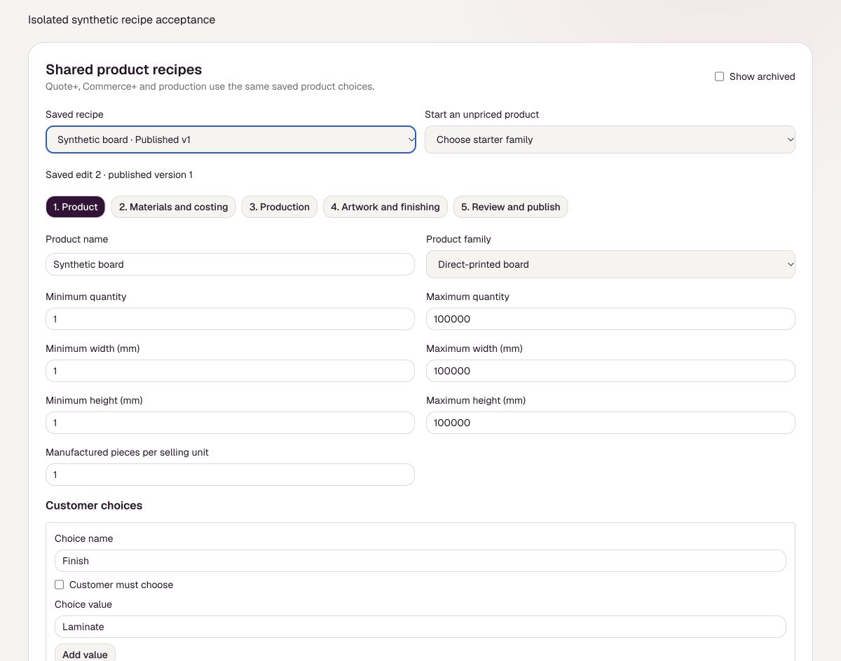 Illustrative PerfectHub screen: Use materials and product recipes