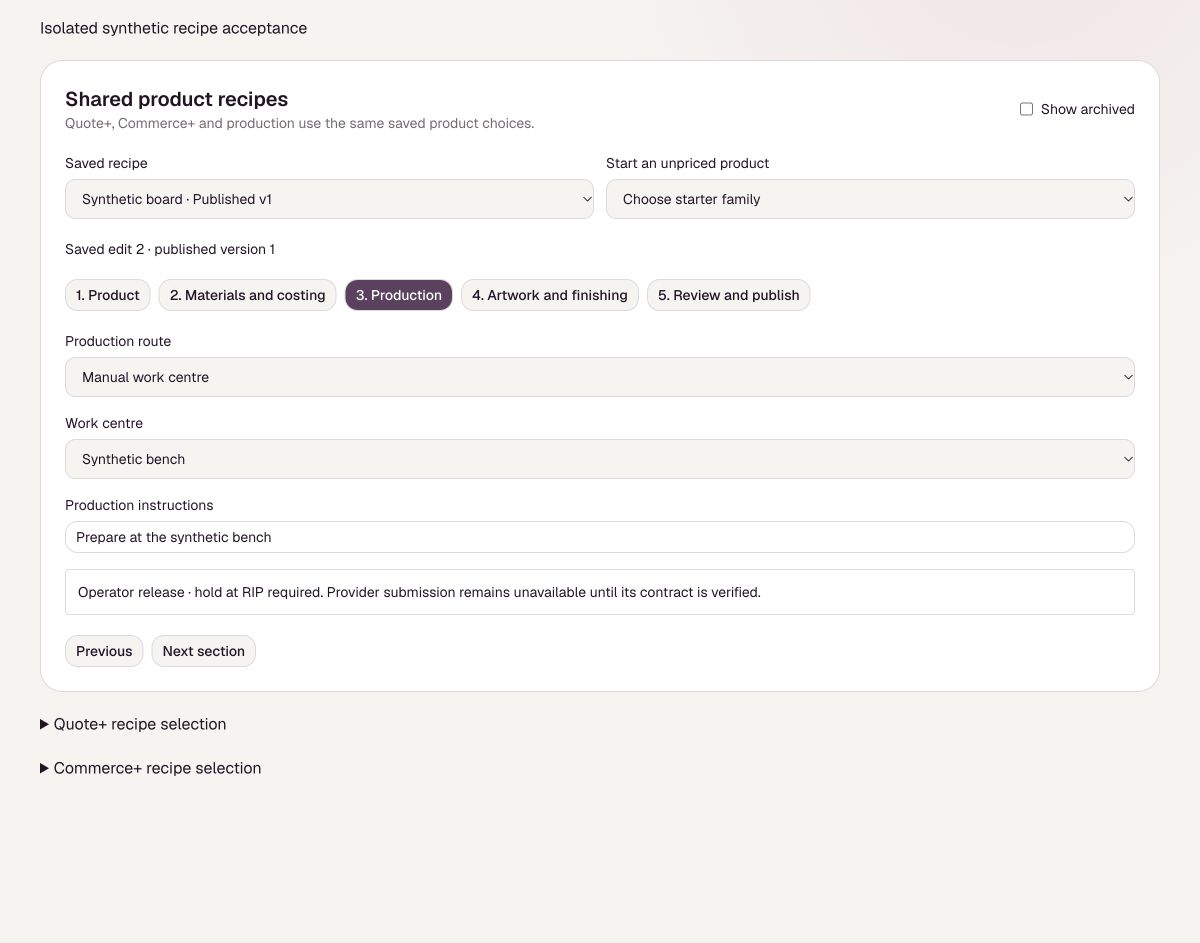 Illustrative PerfectHub screen: Choose a recipe and read the job sheet